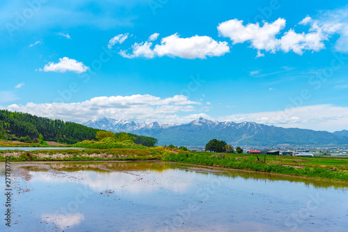 Vast blue sky and white clouds over paddy farmland field in a beautiful sunny day in springtime. Panoramic rural landscape with mountains. © Shawn.ccf