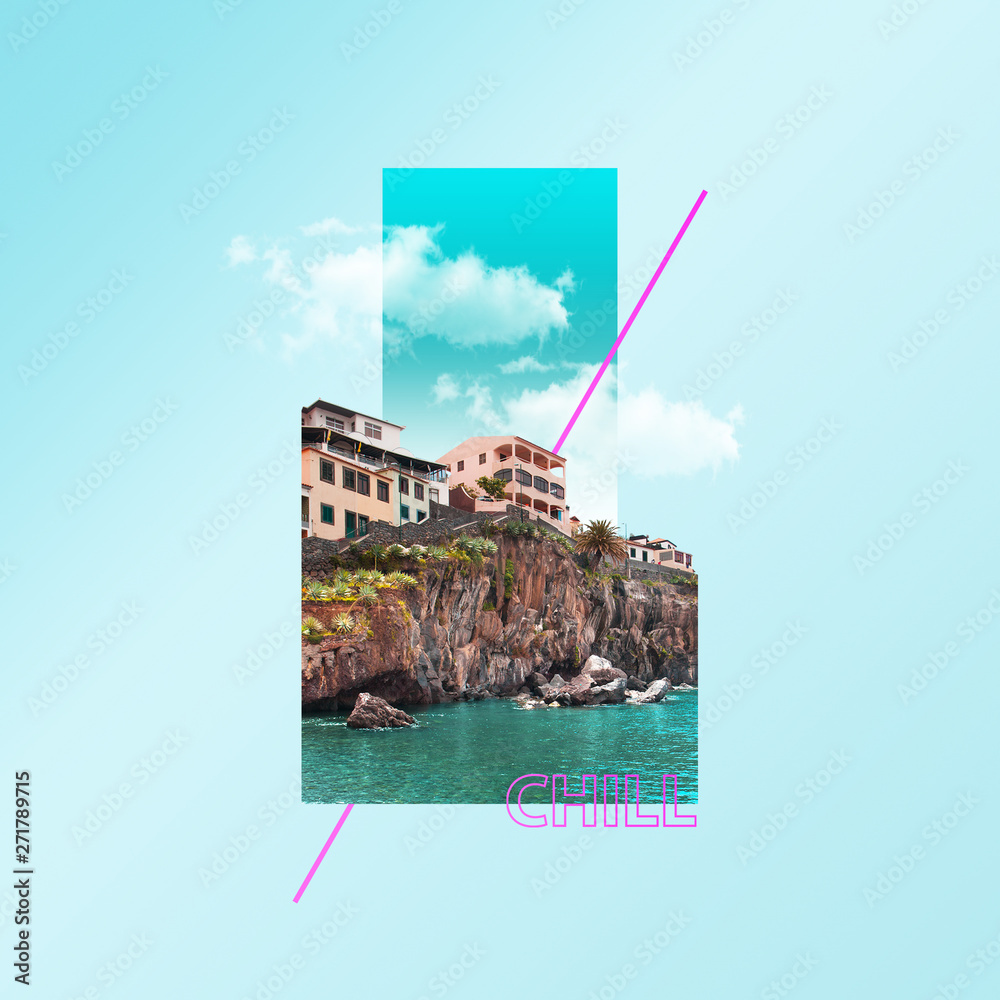 Chill. Hotel's sight with the sea and clouds on blue background. Concept of interaction of city sights or showplaces with the nature objects. Modern design. Contemporary and creative art collage. - obrazy, fototapety, plakaty 