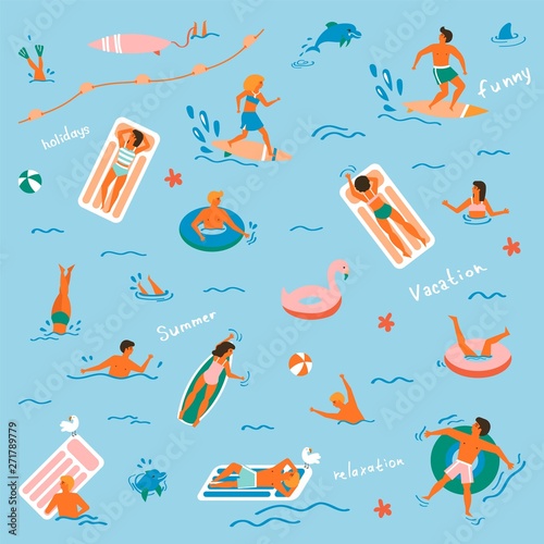 Summer time beach illustration in vector. People swimming, have a fun, sunbathing and relaxing in the ocean.