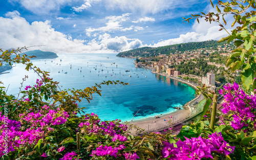 Aerial view of French Riviera coast with medieval town Villefranche sur Mer, ...