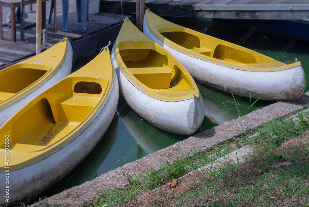 colorful canoes on the lake
