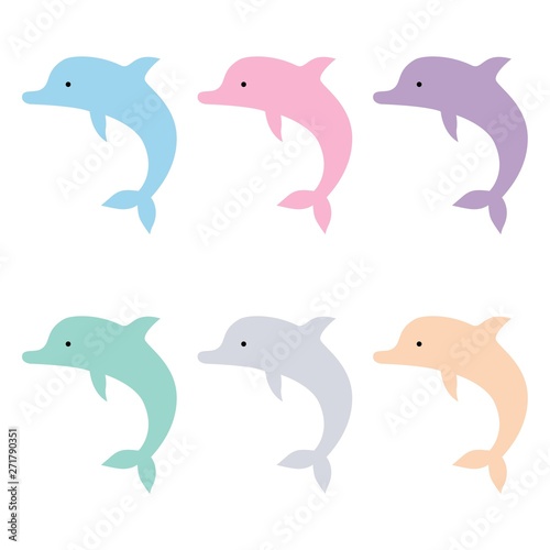 Vector cute illustration set of a funny colorful dolphins jumping fun on a white background