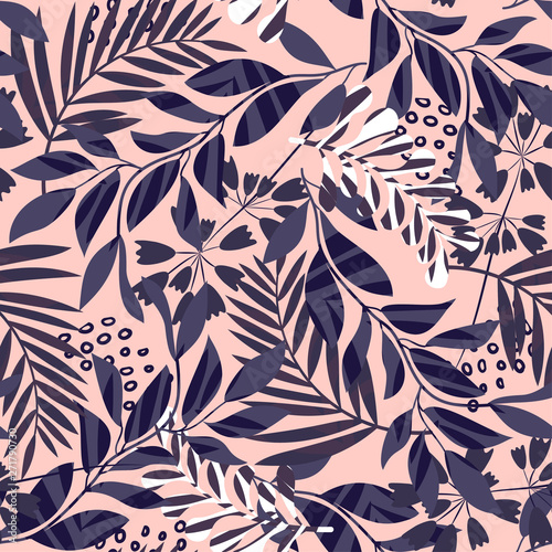 Abstract seamless pattern with tropical leaves and plants on pastel background. Vector design. Jungle print. Textiles and printing. Floral background.