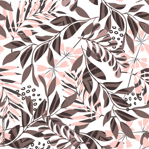 Abstract seamless pattern with tropical leaves and plants on white background. Vector design. Jungle print. Textiles and printing. Floral background.