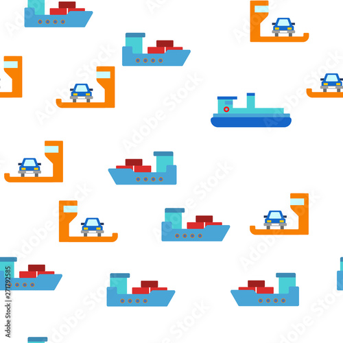 Ferry, Vessel And Ship Vector Color Icons Seamless Pattern. Ferry Front And Side View Linear Symbols Pack. International Cargo Transportation, Shipment. Logistics And Distribution Illustrations