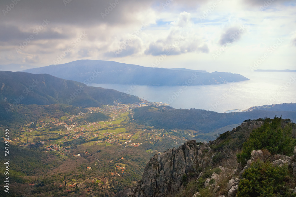 Beautiful Mediterranean landscape. Montenegro. View of  Bay of Kotor and Lustica Peninsula near Herceg Novi city