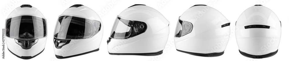 Set collection of white motorcycle carbon integral crash helmet isolated white background. motorsport car kart racing transportation safety concept