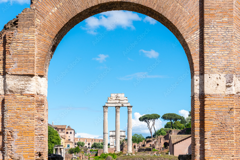 Temple of Castor and Pollux, Italian: Tempio dei Dioscuri. Ancient ruins of Roman Forum, Rome, Italy. Detailed view