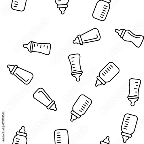 Baby Bottle, Childcare Equipment Vector Linear Icons Seamless Pattern. Baby Bottles with Latex, Silicone Nipples for Feeding Infants. Sippy Cups Thin Line Pictograms. Plastic Containers for Liquid