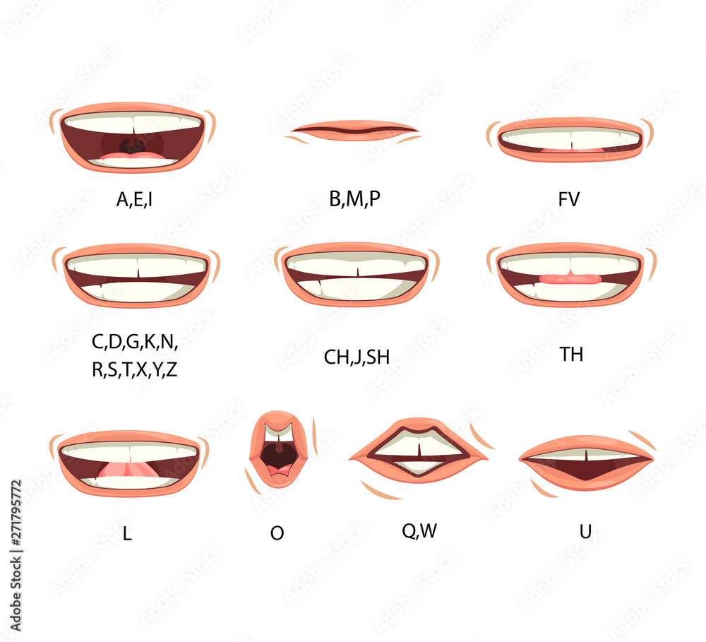 Men's lip sync. Lip sync collection for animation. Men's mouth animation.  Phoneme mouth chart. Alphabet pronunciation. Vector illustration. Stock  Vector | Adobe Stock