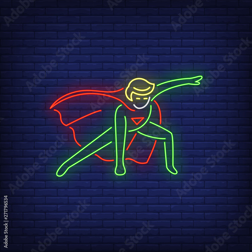 Superhero landing neon sign. Leadership, power, protector design. Night bright neon sign, colorful billboard, light banner. Vector illustration in neon style.