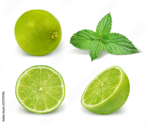 Lime fruit and mint isolated on white background. Collection. Set.