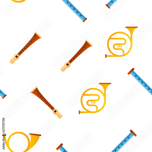 Wind Musical Instruments Vector Color Icons Seamless Pattern. Trumpet, Saxophone Acoustic Instruments Linear Symbols Pack. Jazz Symphony Orchestra, Blues Band. Golden Horn, Pipe Illustrations