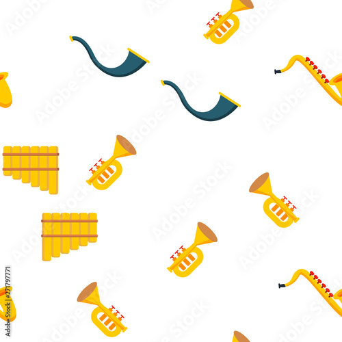 Wind Musical Instruments Vector Color Icons Seamless Pattern. Trumpet, Saxophone Acoustic Instruments Linear Symbols Pack. Jazz Symphony Orchestra, Blues Band. Golden Horn, Pipe Illustrations