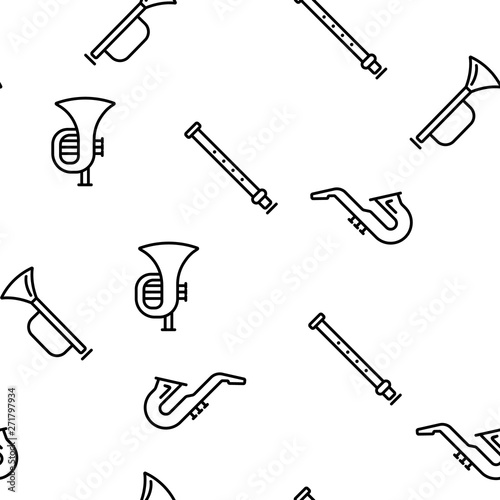 Wind Musical Instruments Vector Color Icons Seamless Pattern. Trumpet, Saxophone Acoustic Instruments Linear Symbols Pack. Jazz Symphony Orchestra, Blues Band. Golden Horn, Pipe Illustrations