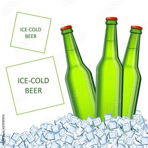 Three cold fresh beer bottles in transparent cubic ice