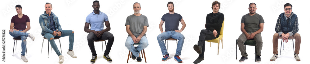 group of mixed man sitting on chair on white background - obrazy, fototapety, plakaty 