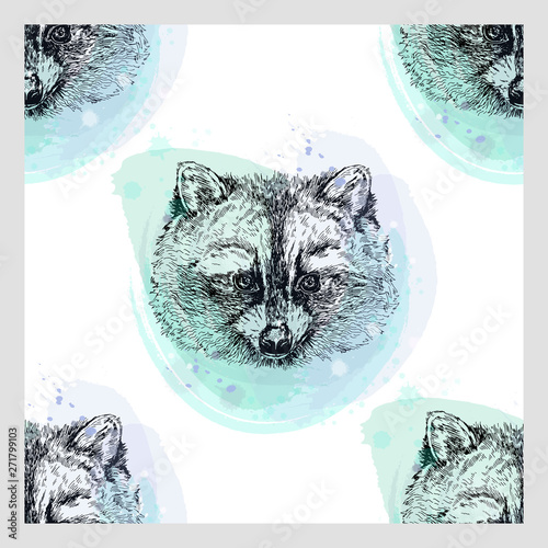 Seamless pattern of hand drawn sketch style raccoon. Vector illustration isolated on white background.