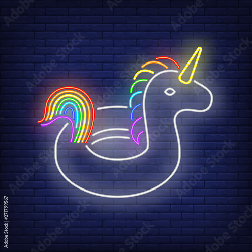 Unicorn rubber ring neon sign. Swimming, water, safety. Inflatable toy concept. Vector illustration in neon style for advertising, toy shop, entertainment, business