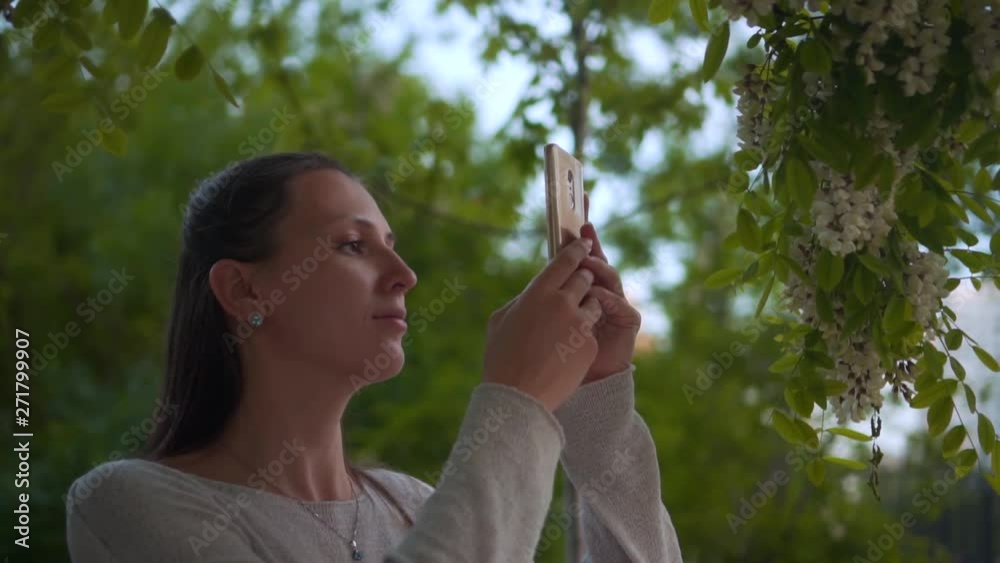A young woman photographs a flowering white acacia on the phone in a park. Woman and blooming white trees in the park.