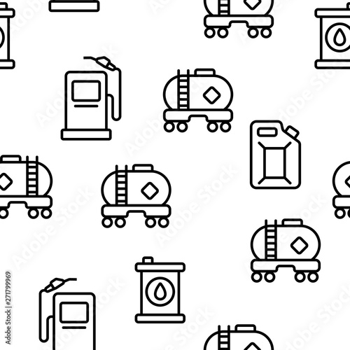 Gas, Petrol Tank Linear Vector Icons Seamless Pattern. Car Refueling Thin Line Contour Symbols. Gasoline Reservoirs, Containers Pictograms. Oil Industry. Petrol Pump Equipment Illustration