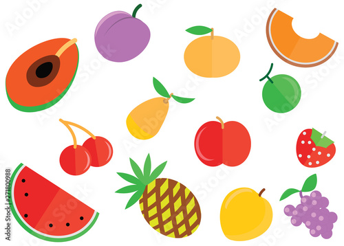 Cartoon doodles pack fruits flat color food icons summer background