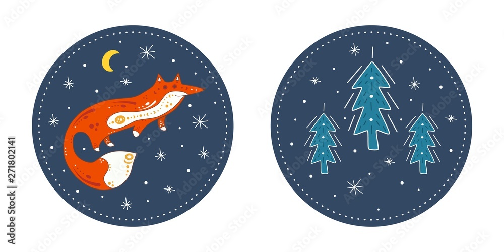 Naklejka premium Cute poster with a red fox and fir on the background of winter. Isolated flat illustration of animal in doodle style. With a design element of spruce and stars.