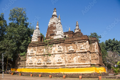 Full view of the Maha chedi of Wat Chet Yot in Chiang Mai, Thailand.