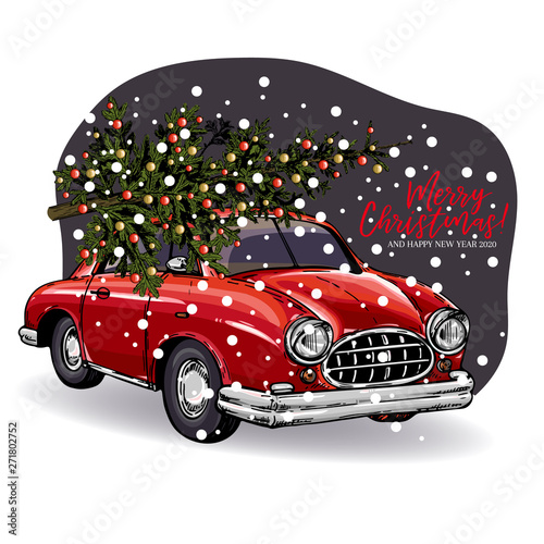 Hand drawn Christmas greeting card. Vector retro red car with decorated fir tree on top. Snowy evening forest. Xmas and New Year greeting card. Winter seasonal greetings, party celebration.