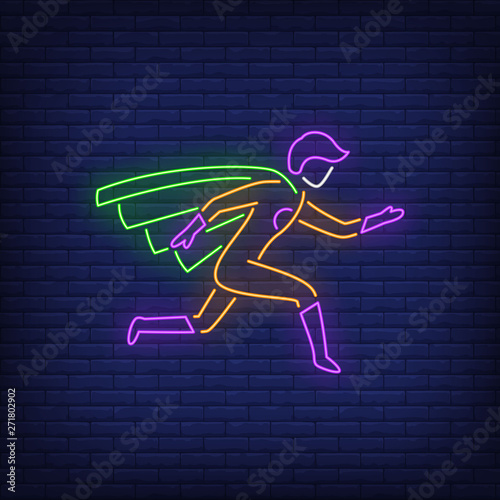 Superhero running neon sign. Leadership, power, protector design. Night bright neon sign, colorful billboard, light banner. Vector illustration in neon style.