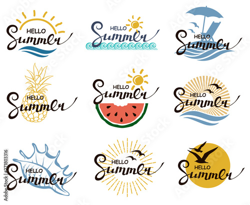 emblems collection of hello summer lettering with beach, pineapple and watermelon isolated on white background