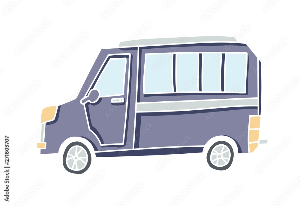Cute illustration of a doodle car. Pastel colored vector bus with white outline.