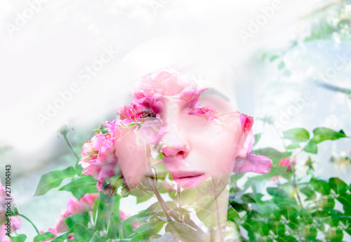 Multiple exposure, girl with flowers inside