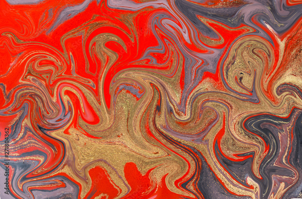 Marble abstract acrylic background. Red marbling artwork texture. Agate ripple pattern. Gold powder.