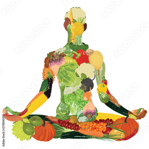 Obraz Joga i zdrowe odżywianie. Sylwetka warzywa na białym tle.