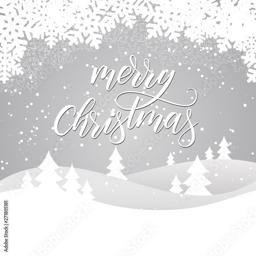 Merry Christmas card with winter landscape on grey background. Vector illustration