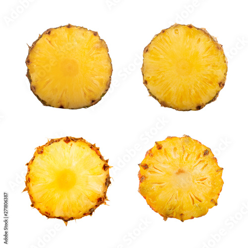 set of slices of pineapple isolated on white background. top view