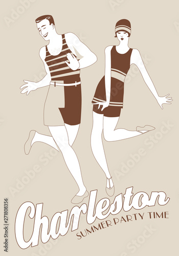 Young couple wearing retro style swimsuits, dancing Charleston