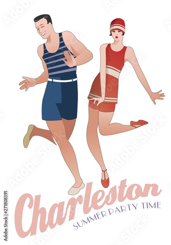 Young couple wearing retro style swimsuits, dancing Charleston