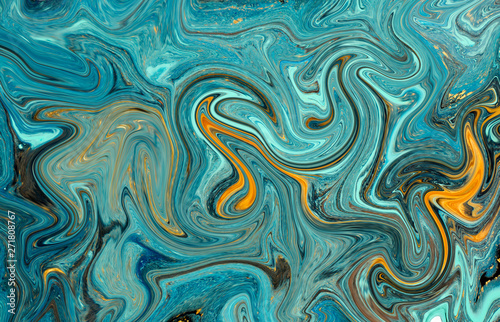 Marble abstract acrylic background. Blue marbling artwork texture. Agate ripple pattern. Gold powder.