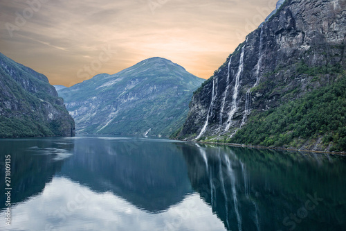 Norwegian fjords sea view, Norway. Waterfalls Seven Sisters.