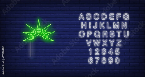 Statue of Liberty crown with stick neon sign. New York, souvenir, 4th of July. Vector illustration in neon style for festive independence day banners, light billboards, posters