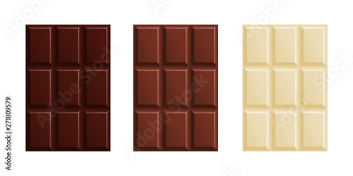 Milk, dark and white chocolate bars set