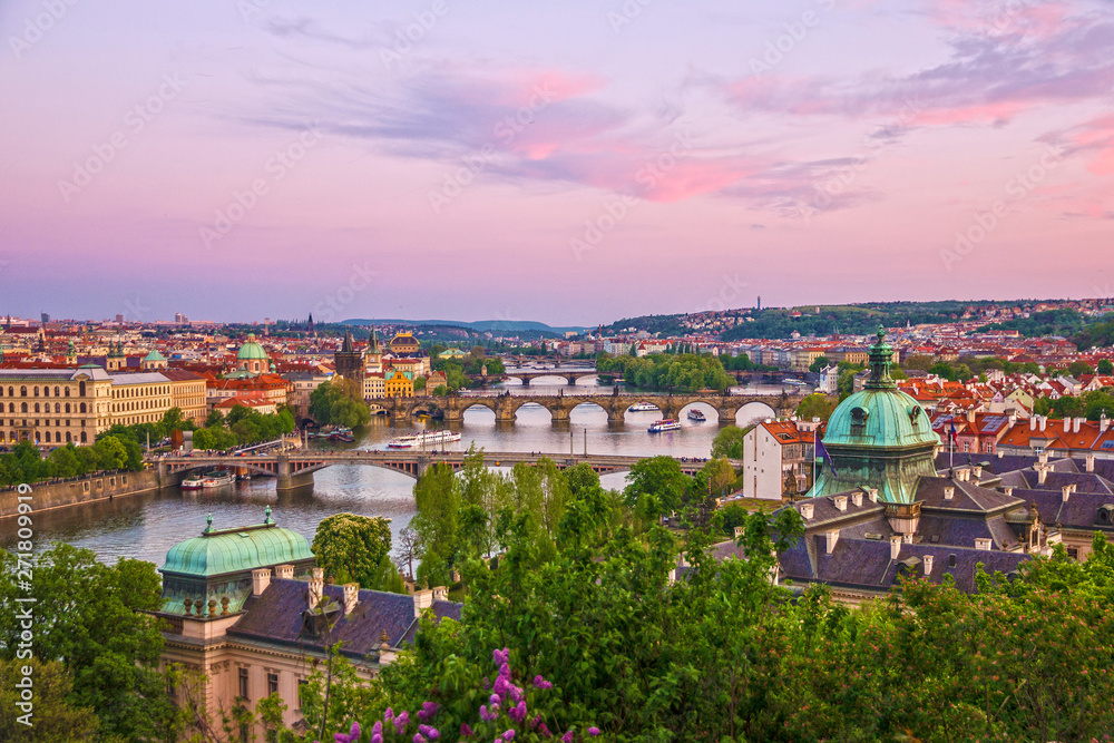 Prague landscape, Czech Republic. Bridges city sunset panorama