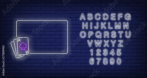 White glowing frame neon sign. Ace cards, gambling, poker club design. Vector illustration in neon style for casino templates, blackjack, light banners and billboards