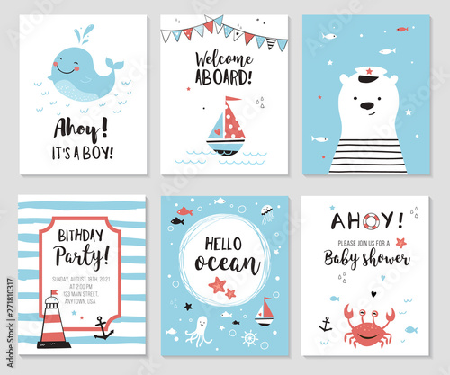 Nautical baby shower cards. Cute while, little bear and quotes.  Marine theme kids party invitations and nursery posters. Vector illustration.