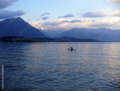 Kayak on the lake Lago de Madjore in Lugano of canton Tichino, Switzerland. photo