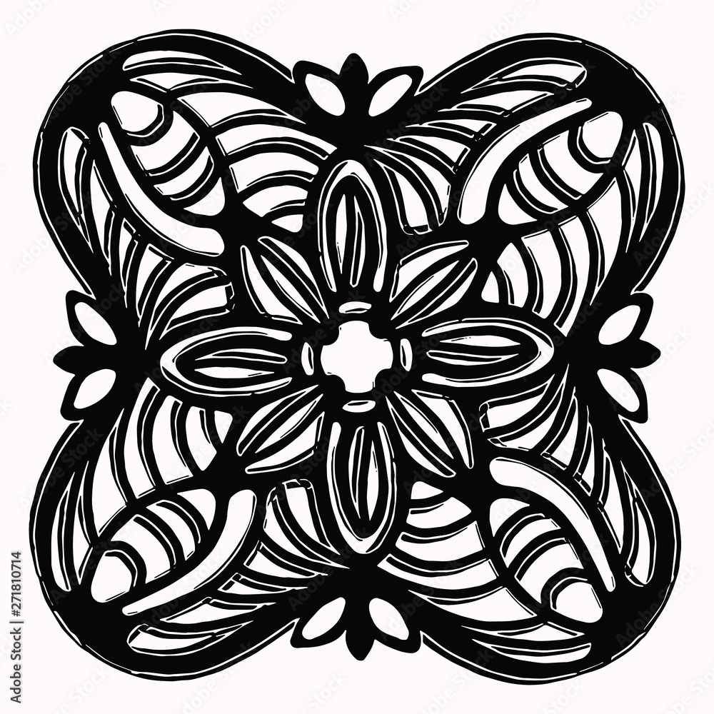 Ornamental folk art graphic design element. Hand drawn linocut