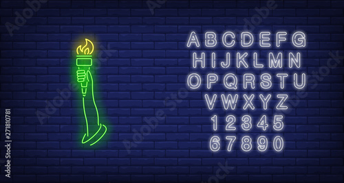 Statue of Liberty arm neon sign. Green hand, torch, flame, 4th of July. Vector illustration in neon style for festive independence day banners, light billboards, posters