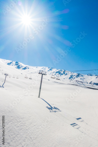 Cable car at snow mountain in Gulmark Kashmir, India . photo